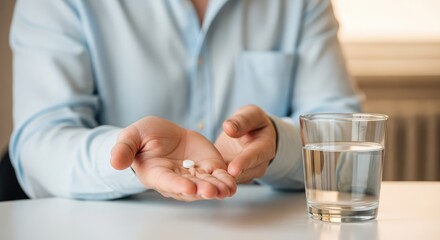 Fototapeta premium A man holding a pill and a glass of water in his hands.