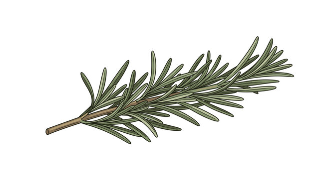 A fresh green sprig of the aromatic herb rosemary, shown in a detailed and realistic color illustration for culinary or botanical use.