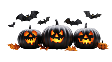 Three pumpkins with scary faces and bats flying around them