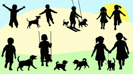 Children and dogs playing together in a park.