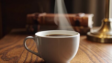 A steaming cup of hot coffee sits on a wooden table - Powered by Adobe