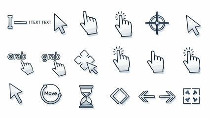 Collection of computer cursors and mouse pointers for digital interfaces.