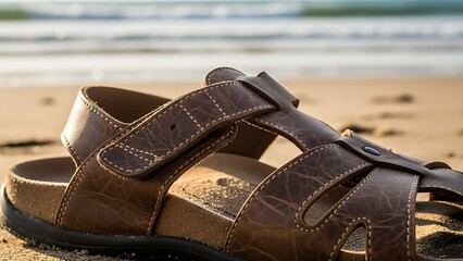 Naklejka premium Detailed View of a Brown Leather Sandal with Straps on a Sandy Beach Shoreline shoe footwear