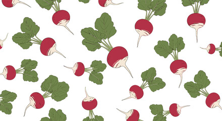 A seamless pattern of fresh red radishes with green leafy tops scattered across a white background, perfect for culinary textiles.