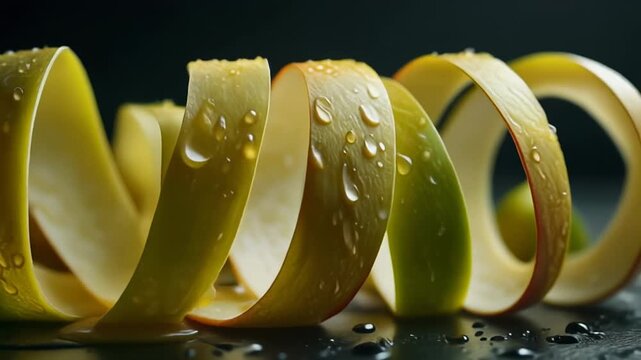 Hyperreal Apple Peel Curls with Glistening Water Droplets on Dark Background