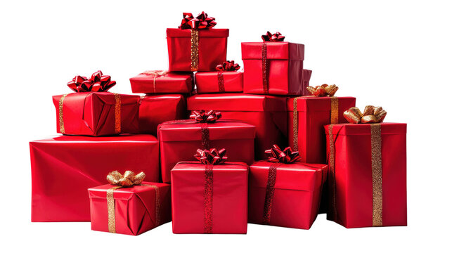 A stack of red boxes with bows on top. The boxes are piled on top of each other, creating a festive and joyful atmosphere. The red color of the boxes and the bows evoke a sense of excitement