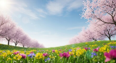 A vibrant spring landscape with cherry blossom trees and colorful wildflowers in full bloom.