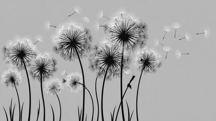 Several dandelion seed heads are depicted in stark black and white against a light gray background with seeds dispersing in the breeze