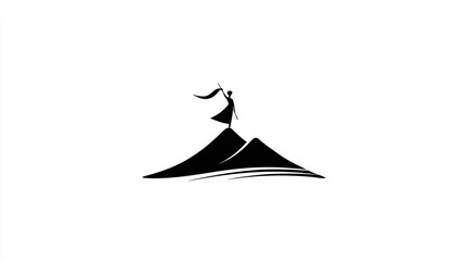 Stylized silhouette figure stands triumphantly atop mountain peaks holding a banner