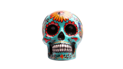A skull with flowers painted on it. The skull is blue and white. The flowers are orange and yellow