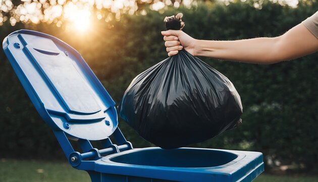 Hand throwing a full black garbage bag into a blue trash can outdoors
