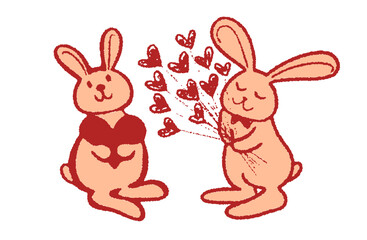 手描きイラスト素材・告白ウサギと愛を受け取ったうさぎ（カラー）