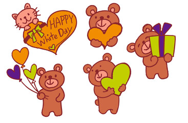 カットイラスト素材・手描きの熊と猫のセット