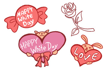 ホワイトデーの素材・ハートを持った猫とうさぎの手描きイラストとバラの花