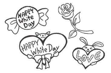ホワイトデーのイラスト素材・ハートを持った猫とうさぎの手描きイラストとバラの花・線画のセット（モノクロ）
