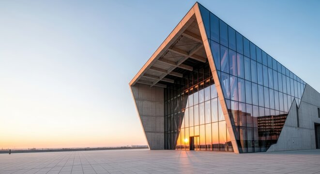 A modern glass and concrete building with a glass facade reflecting the sky.
