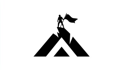 Silhouette of a triumphant person holding a flag atop a stylized mountain peak graphic