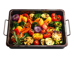 Colorful roasted vegetables in a dark metal pan
