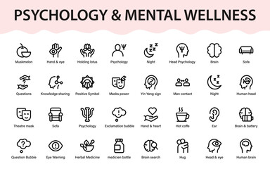 Psychology mental wellness symbol icons. Premium icon set with brain, emotion, therapy, mindfulness, and human behavior