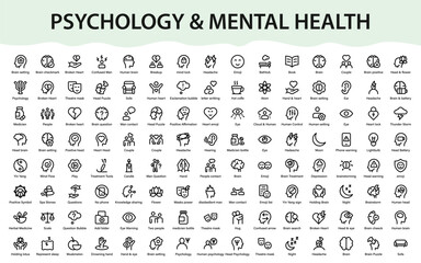Psychology mental health awareness icons. Human mind emotions, therapy concepts, brain symbols, wellbeing care, stress relief and personal balance collection