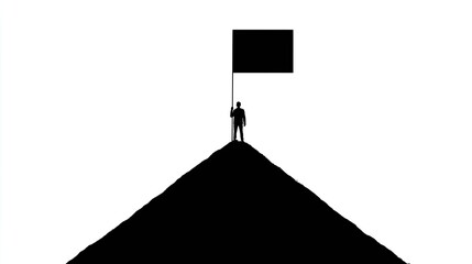 Silhouette of determined individual planting a blank standard atop a steep incline