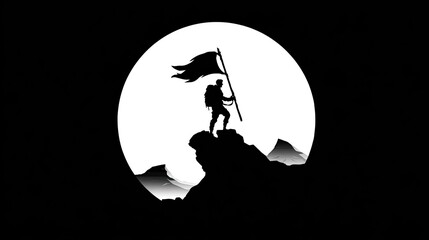 Silhouette of a successful hiker planting a banner upon a mountain peak against a large bright circle