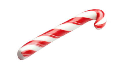 A red and white striped candy cane. The candy cane is long and thin. It is sitting on a white background