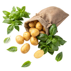 Fresh Potatoes and Basil Spilling from Sack on transparent background