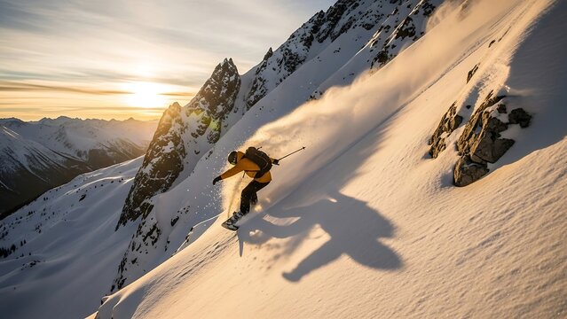 Snowboarder Carving Down a Steep Mountain Slope at Sunset.