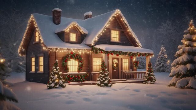 Cozy Christmas house covered in snow, decorated with warm festive lights, wreaths, and glowi