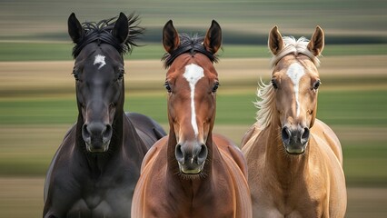 Three horses of different colors standing side by side in a field.