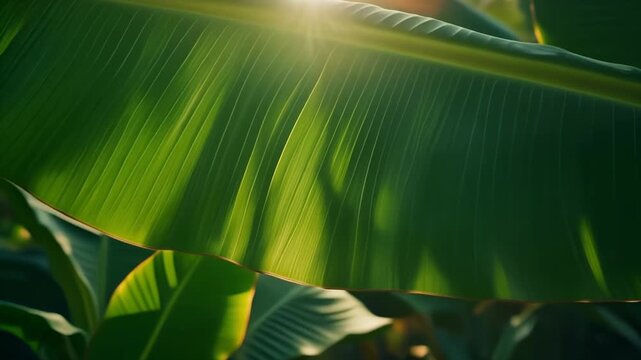 Vibrant Green Banana Leaf Illuminated by Suns Rays, Showing Detailed Veins