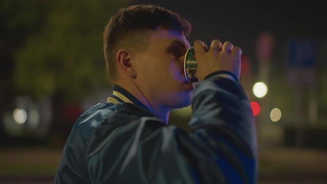 White young man drinking at night by park, close profile shots with soft bokeh and neon highlights, wearing varsity jacket and jeans, looking into distance in thoughtful pose, scenes suggest student,