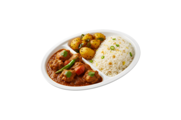 Bengal chicken served with Bombay aloo veggie curry and lemon rice