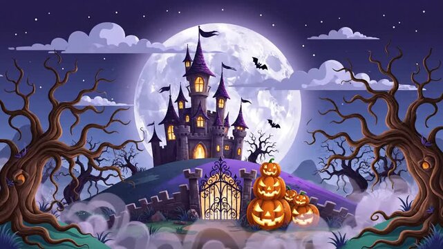 Haunted castle under a full moon, eerie trees, foggy path, glowing pumpkins guard the gate at night