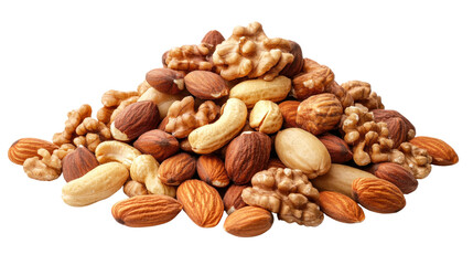 Fototapeta premium A pile of nuts including walnuts, almonds, cashews, and peanuts. The nuts are spread out and piled on top of each other