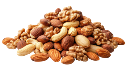 A pile of nuts including walnuts, almonds, cashews, and peanuts. The nuts are spread out and piled on top of each other