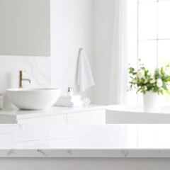 Fototapeta premium A sleek, modern white bathroom sink with a polished chrome faucet, surrounded by elegant marble countertops and soft, ambient lighting.