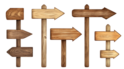 A collection of wooden signs with arrows pointing in different directions