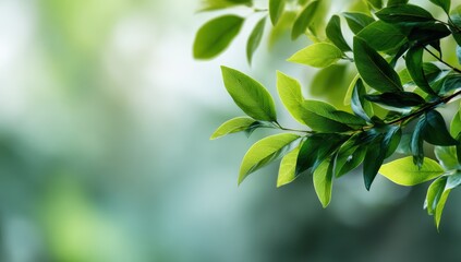 Vibrant photo of Close-up of vibrant green leaves on a branch with blurred bright background