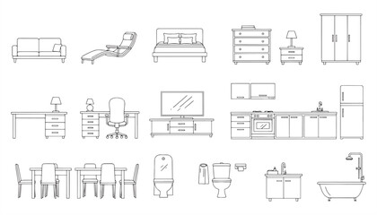 Furniture Outline Front View Architectural Design Icons – Linear Interior CAD Vector Set