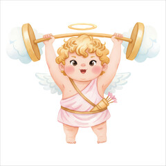 Cute Cupid Angel Weightlifting Watercolor Vector Illustration Isolated on White Background
