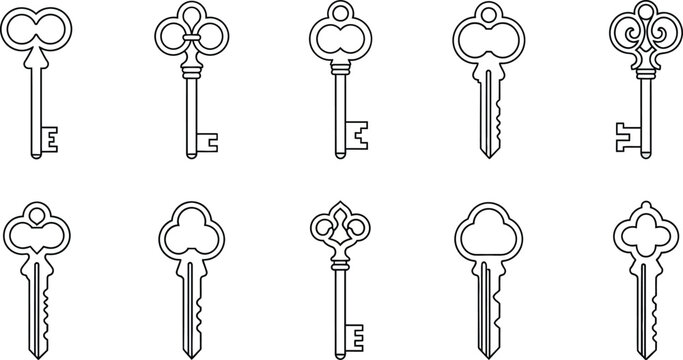 A collection of antique gold skeleton key silhouettes and vintage metal lock icons displayed alongside a set of victorian cutlery vectors in a retro house security illustration