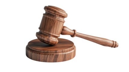 A wooden gavel is on a wooden base. The gavel is upside down. The gavel is a symbol of authority and power