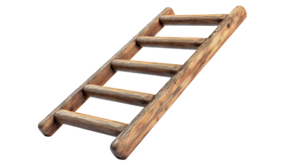 A wooden ladder with six steps. The ladder is made of wood and is brown in color. It is placed on a white background