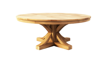A wooden table with a round top and a wooden base. The table is empty and sits on a white background