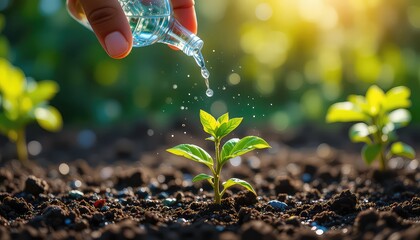 Nourishing young plants with refreshing water droplets in soil