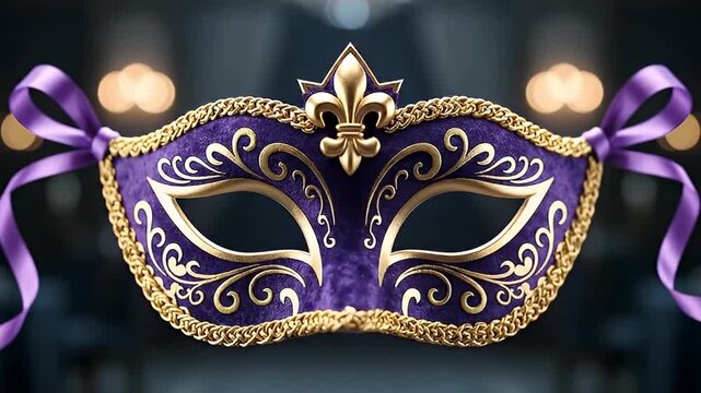 This opulent velvet masquerade mask, adorned with intricate golden scrollwork and a regal emblem, captures an aura of mystery and elegance. Rich purple hues and shimmering gold details are complemente
