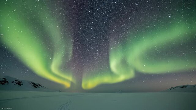 Bright green auroras ripple over a snowfield with distant mountains beneath a starry sky at night!!!