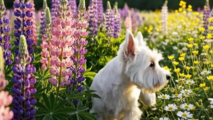 White terrier dog nestled in a field of lupine flowers and white and yellow wildflowers on a sunny day